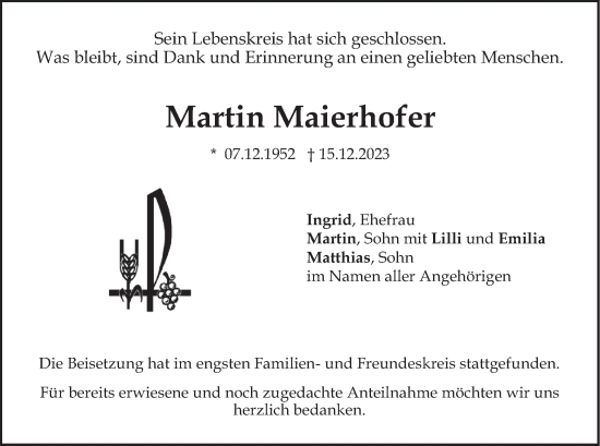 Todesanzeige von Martin Maierhofer von merkurtz