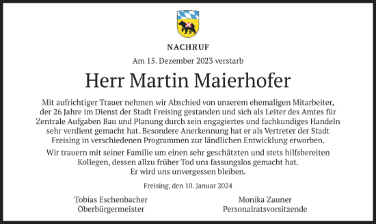 Todesanzeige von Martin Maierhofer von merkurtz