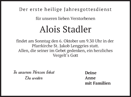 Todesanzeige von Alois Stadler von merkurtz