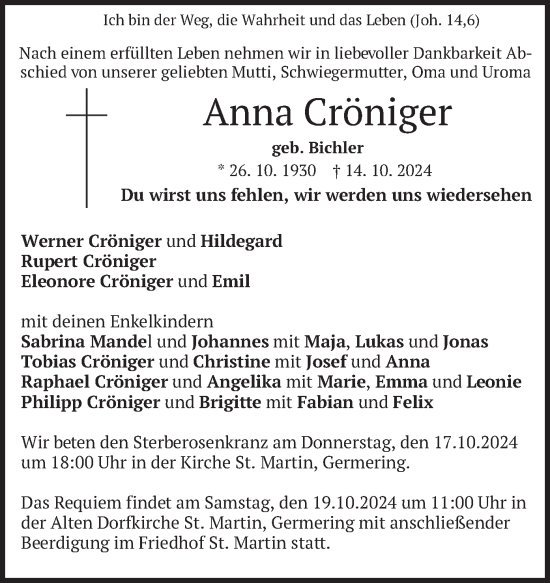 Todesanzeige von Anna Cröniger von merkurtz