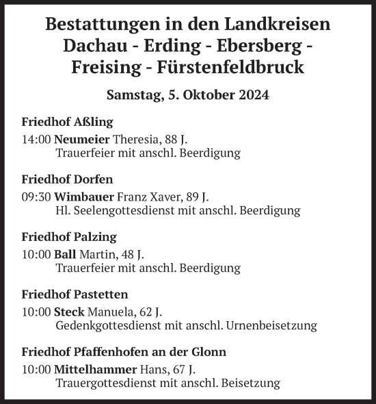 Todesanzeige von Bestattungen vom 05.10.2024 von merkurtz