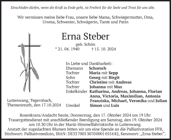 Todesanzeige von Erna Steber von merkurtz