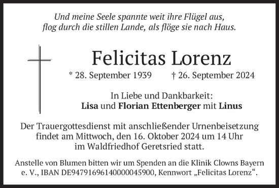 Todesanzeige von Felicitas Lorenz von merkurtz