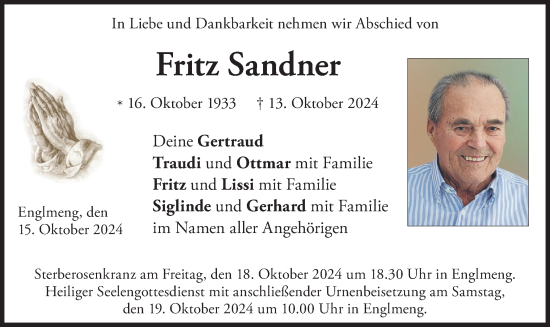 Todesanzeige von Fritz Sandner von merkurtz