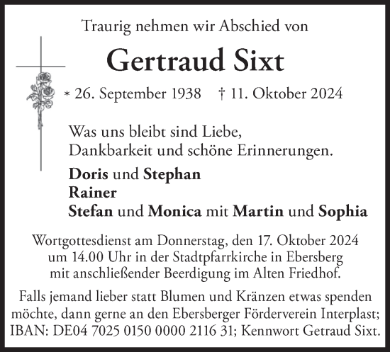 Todesanzeige von Gertraud Sixt von merkurtz