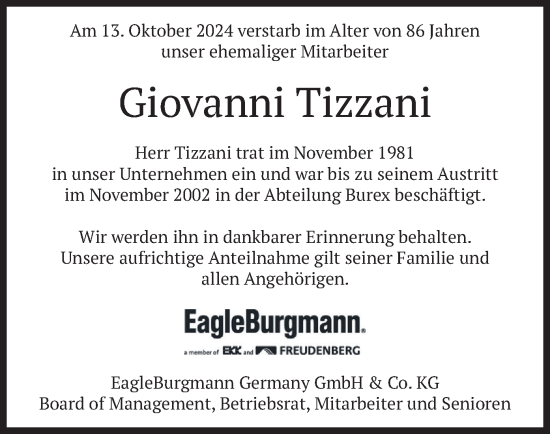 Todesanzeige von Giovanni Tizzani von merkurtz