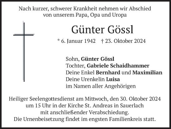 Todesanzeige von Günter Gössl von merkurtz