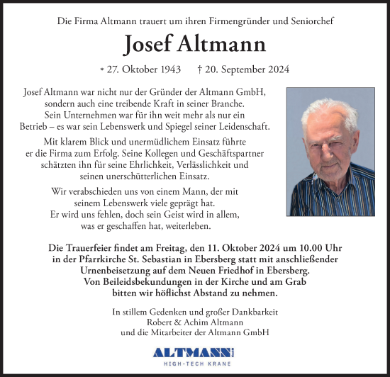 Todesanzeige von Josef Altmann von merkurtz