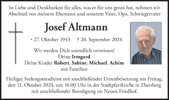 Todesanzeige von Josef Altmann von merkurtz