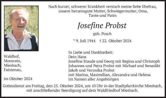 Todesanzeige von Josefine Probst von merkurtz