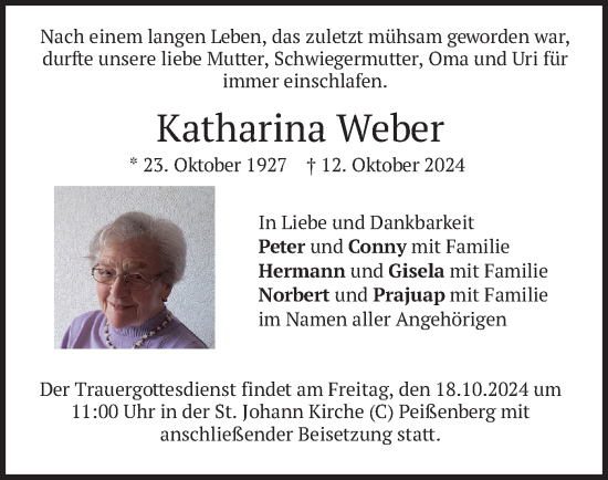 Todesanzeige von Katharina Weber von merkurtz