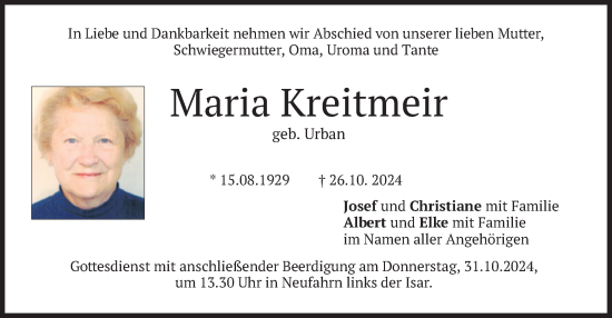 Todesanzeige von Maria Kreitmeir von merkurtz