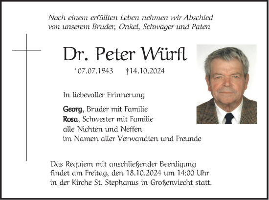 Todesanzeige von Peter Würfl von merkurtz