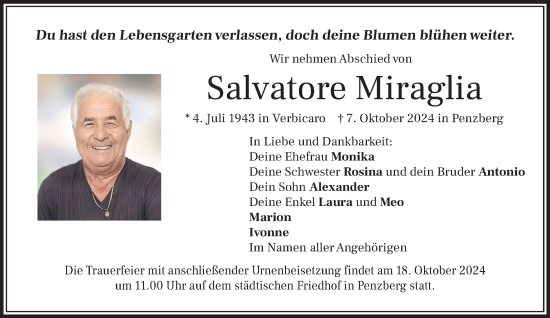 Todesanzeige von Salvatore Miraglia von Das Gelbe Blatt Penzberg