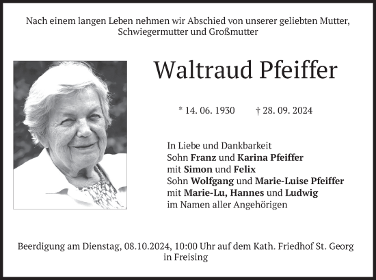 Todesanzeige von Waltraud Pfeiffer von merkurtz