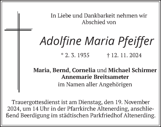 Todesanzeige von Adolfine Maria Pfeffer von merkurtz