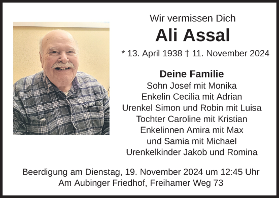 Todesanzeige von Ali Assal von merkurtz