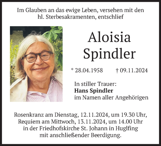 Todesanzeige von Aloisia Spindler von merkurtz