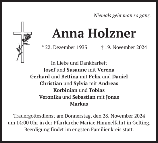 Todesanzeige von Anna Holzner von merkurtz