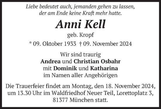 Todesanzeige von Anni Kell von merkurtz