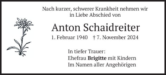 Todesanzeige von Anton Schaidreiter von merkurtz