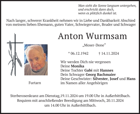 Todesanzeige von Anton Wurmsam von merkurtz