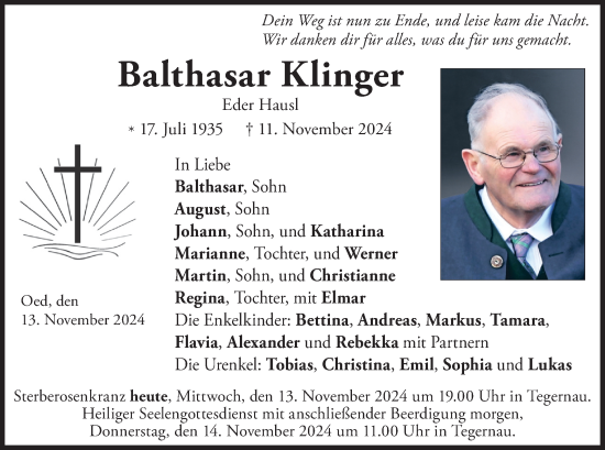 Todesanzeige von Balthasar Klinger von merkurtz