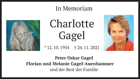 Todesanzeige von Charlotte Gagel von merkurtz