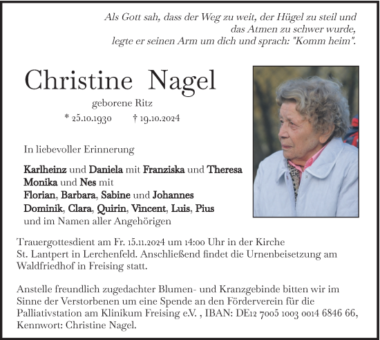 Todesanzeige von Christine Nagel von merkurtz