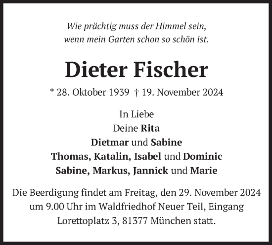 Todesanzeige von Dieter Fischer von merkurtz