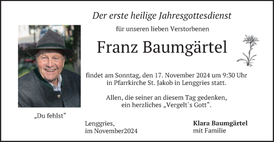 Todesanzeige von Franz Baumgärtel von merkurtz