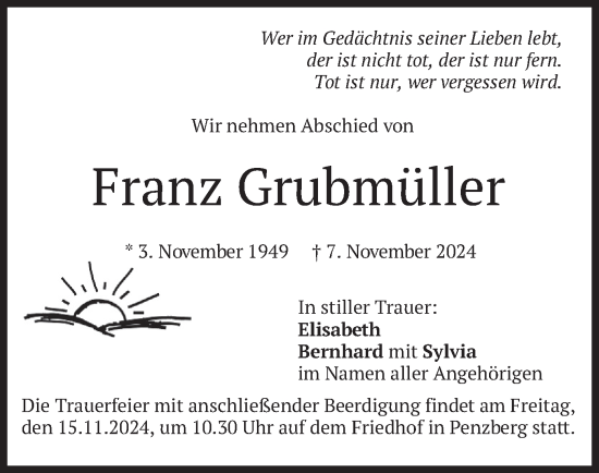 Todesanzeige von Franz Grubmüller von merkurtz