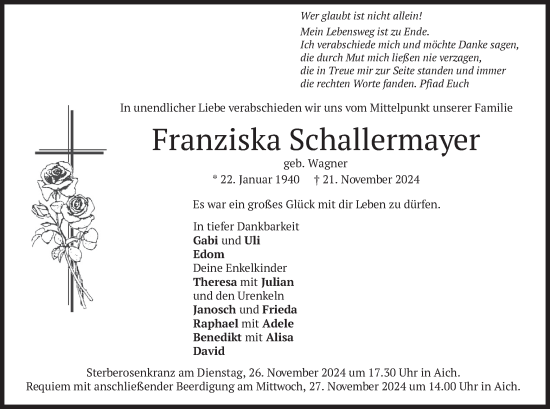 Todesanzeige von Franziska Schallermayer von merkurtz