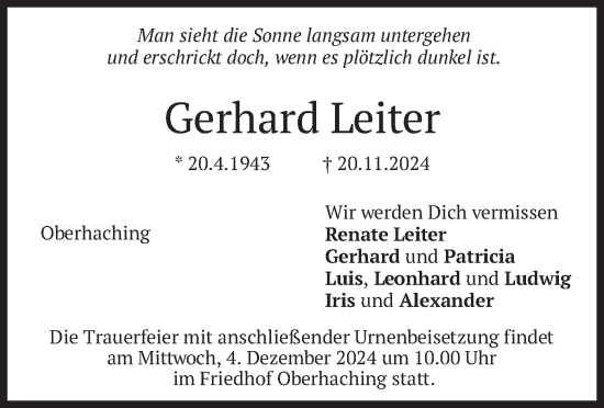 Todesanzeige von Gerhard Leiter von merkurtz