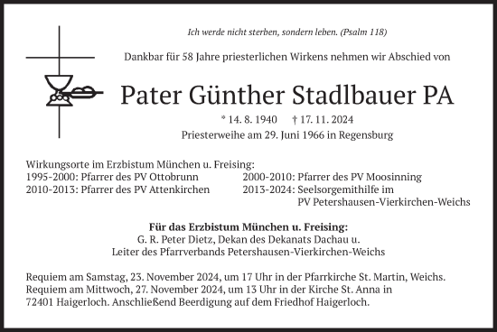 Todesanzeige von Günther Stadlbauer von merkurtz