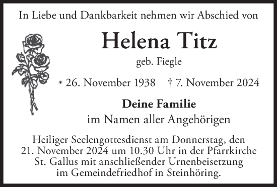 Todesanzeige von Helena Titz von merkurtz