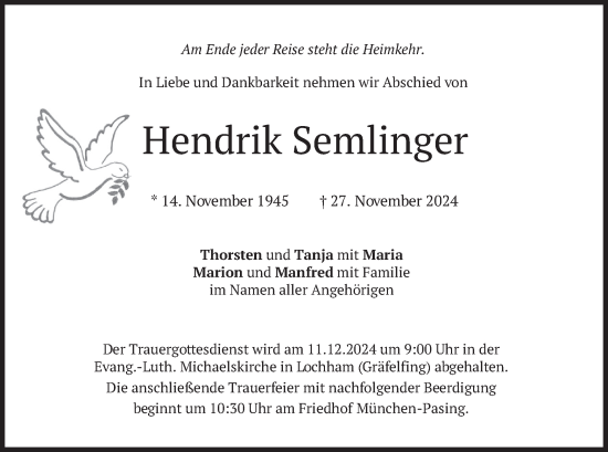 Todesanzeige von Hendrik Semlinger von merkurtz