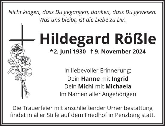 Todesanzeige von Hildegard Rößle von Das Gelbe Blatt Penzberg