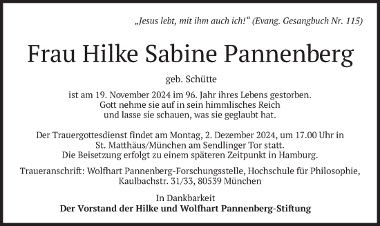 Todesanzeige von Hilke Sabine Pannenberg von merkurtz