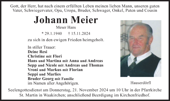 Todesanzeige von Johann Meier von merkurtz