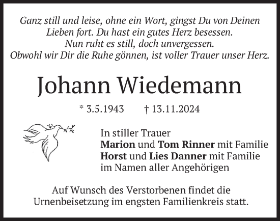 Todesanzeige von Johann Wiedemann von merkurtz