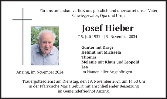 Todesanzeige von Josef Hieber von merkurtz