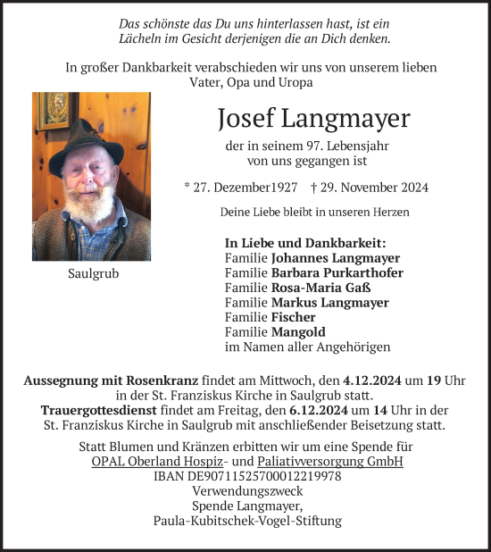 Todesanzeige von Josef Langmayer von merkurtz