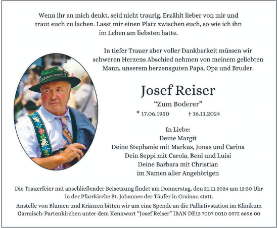 Todesanzeige von Josef Reiser von merkurtz