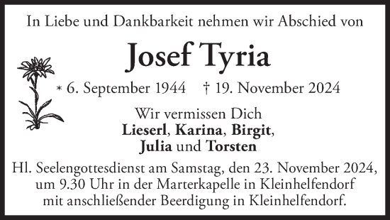 Todesanzeige von Josef Tyria von merkurtz