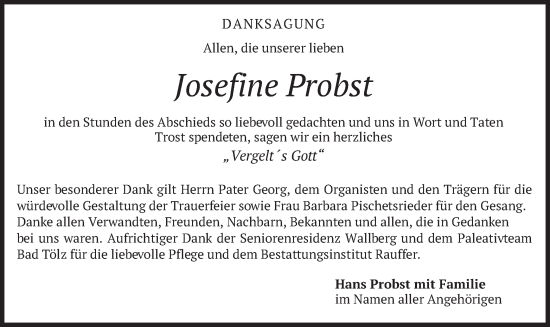 Todesanzeige von Josefine Probst von merkurtz