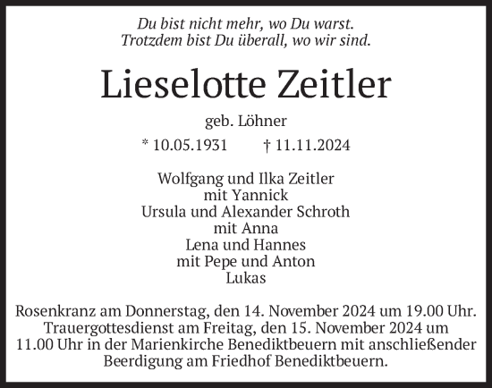 Todesanzeige von Lieselotte Zeitler von merkurtz