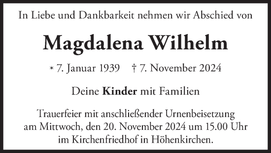 Todesanzeige von Magdalena Wilhelm von merkurtz