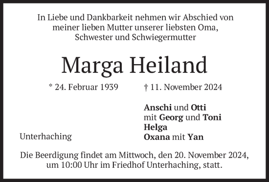 Todesanzeige von Marga Heiland von merkurtz