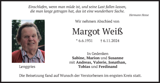 Todesanzeige von Margot Weiß von merkurtz